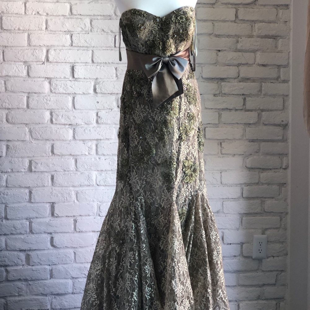Moda Strapless Lace Prom Gown - Olive and Taupe